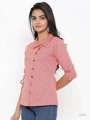 Women'S Peach Cotton Slub Printed Shirt Style Top 3