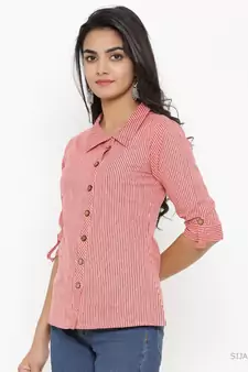 Women'S Peach Cotton Slub Printed Shirt Style Top