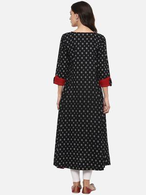 Women'S Cotton Printed Anarkali Kurta (Black) 4