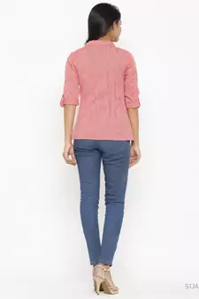 Women'S Peach Cotton Slub Printed Shirt Style Top
