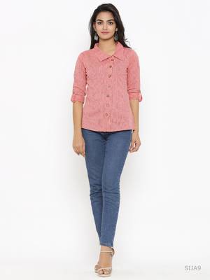 Women'S Peach Cotton Slub Printed Shirt Style Top 5