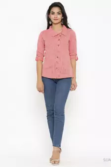 Women'S Peach Cotton Slub Printed Shirt Style Top