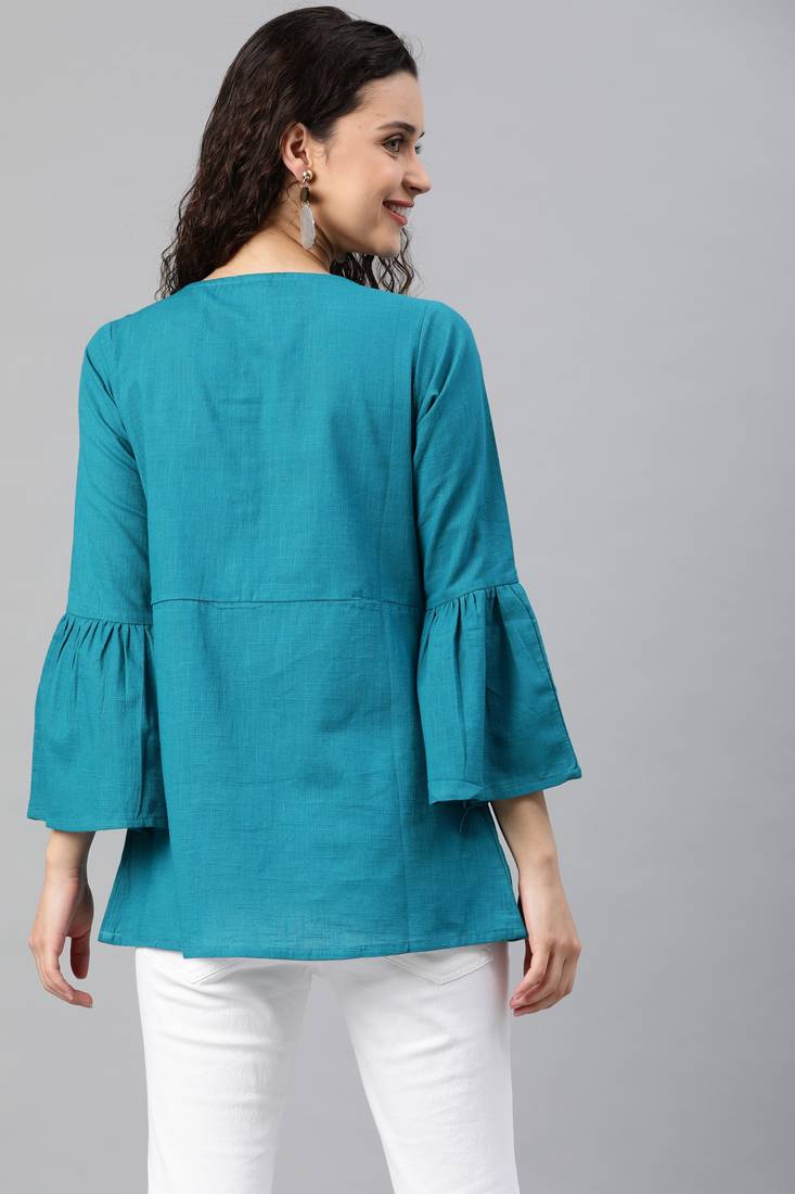 Women'S Blue Cotton Slub Solid Top