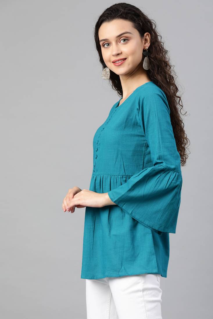 Women'S Blue Cotton Slub Solid Top