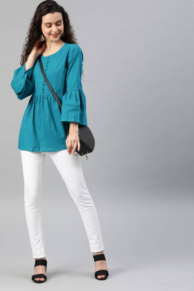 Women'S Blue Cotton Slub Solid Top