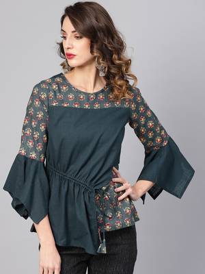 Women'S Grey Cotton Slub Floral Printed Regular Top 1