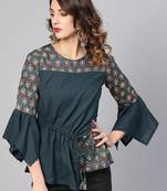 Women'S Grey Cotton Slub Floral Printed Regular Top