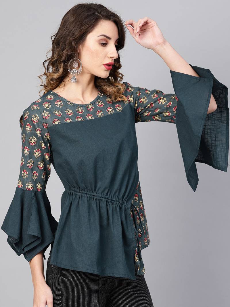 Women'S Grey Cotton Slub Floral Printed Regular Top