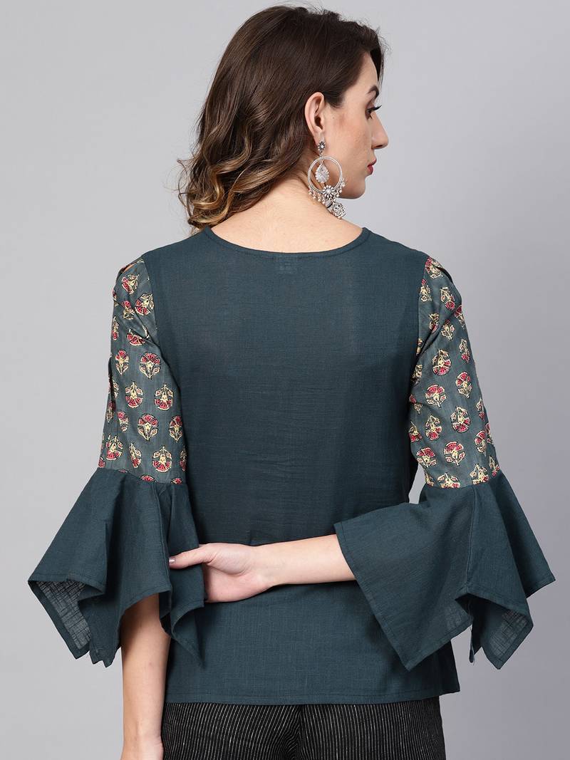 Women'S Grey Cotton Slub Floral Printed Regular Top