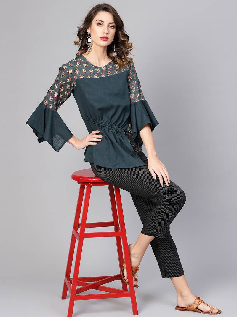 Women'S Grey Cotton Slub Floral Printed Regular Top