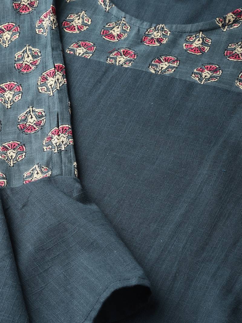 Women'S Grey Cotton Slub Floral Printed Regular Top