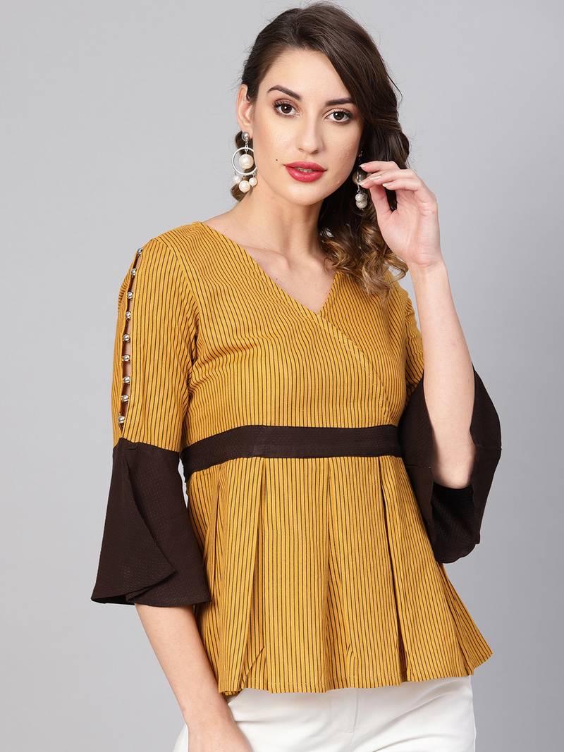 Women's Mustard Cotton Flex Stripes Printed Peplum Top