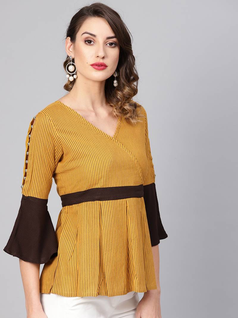 Women's Mustard Cotton Flex Stripes Printed Peplum Top