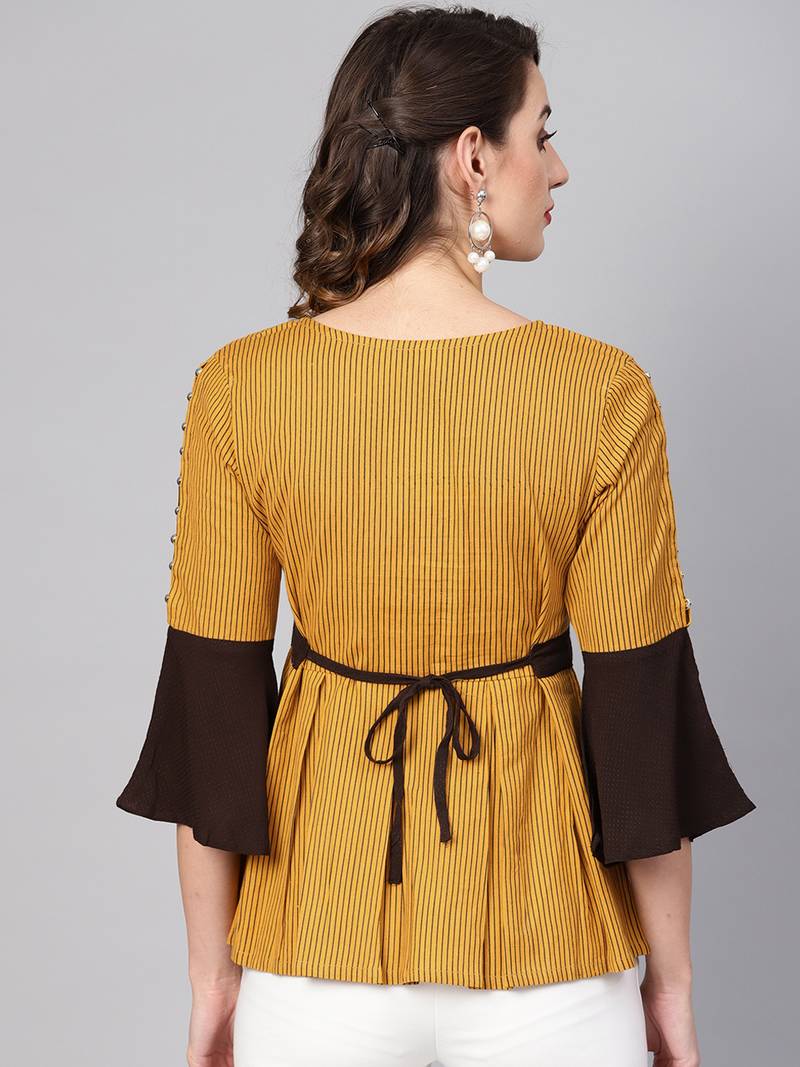 Women's Mustard Cotton Flex Stripes Printed Peplum Top