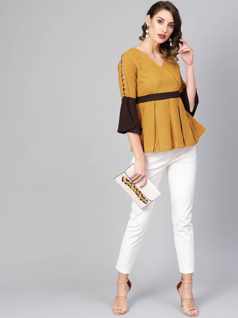 Women's Mustard Cotton Flex Stripes Printed Peplum Top