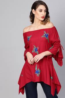 Women'S Maroon Dotted Rayon Dobby Embroidered Kite Style Top