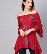 Women'S Maroon Dotted Rayon Dobby Embroidered Kite Style Top