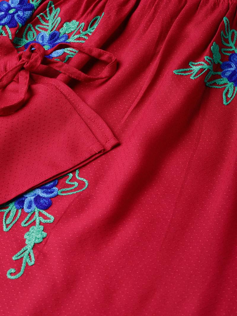 Women'S Maroon Dotted Rayon Dobby Embroidered Kite Style Top