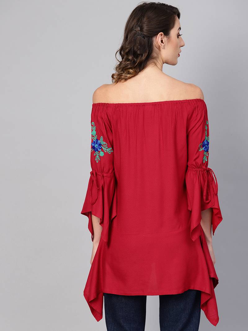 Women'S Maroon Dotted Rayon Dobby Embroidered Kite Style Top