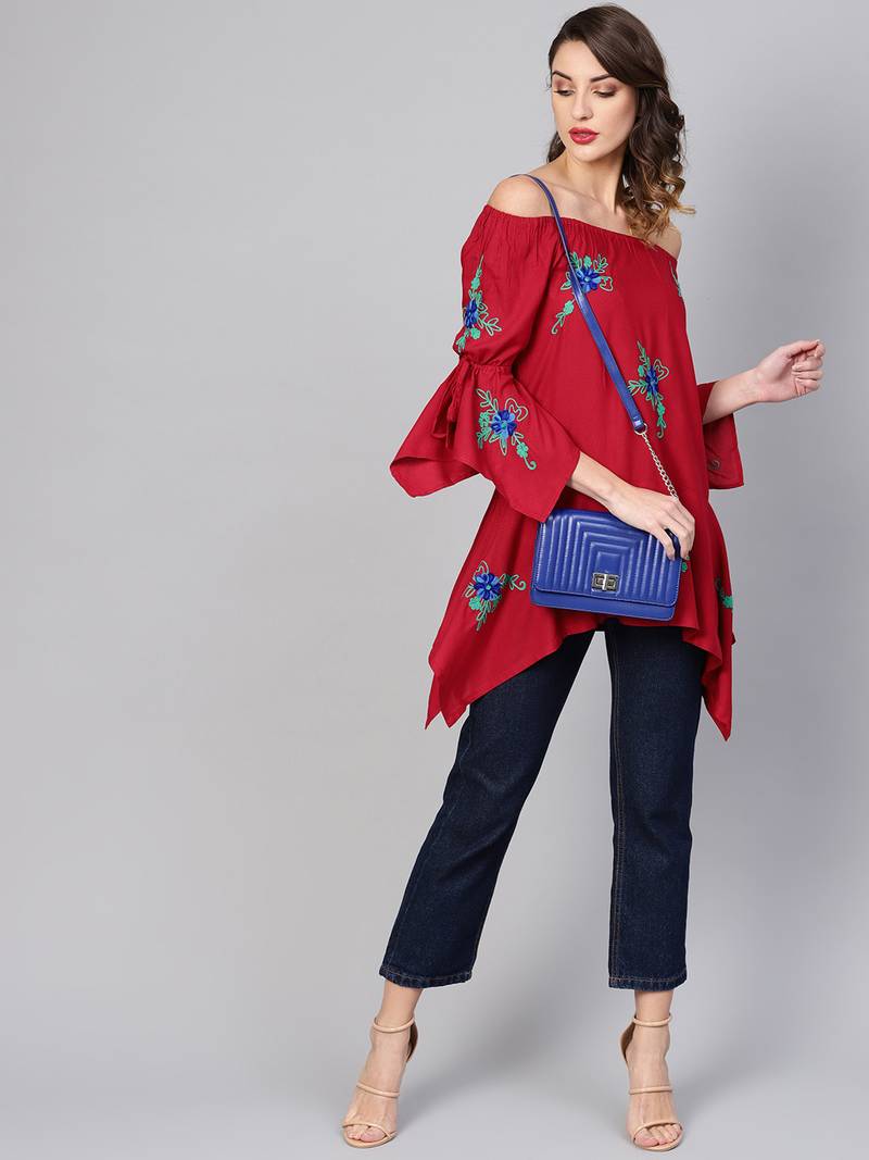 Women'S Maroon Dotted Rayon Dobby Embroidered Kite Style Top