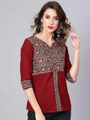 Women'S Maroon Cotton Slub Kalamkari Printed Regular Top 1