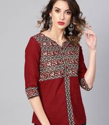 Women'S Maroon Cotton Slub Kalamkari Printed Regular Top