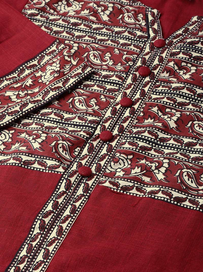 Women'S Maroon Cotton Slub Kalamkari Printed Regular Top