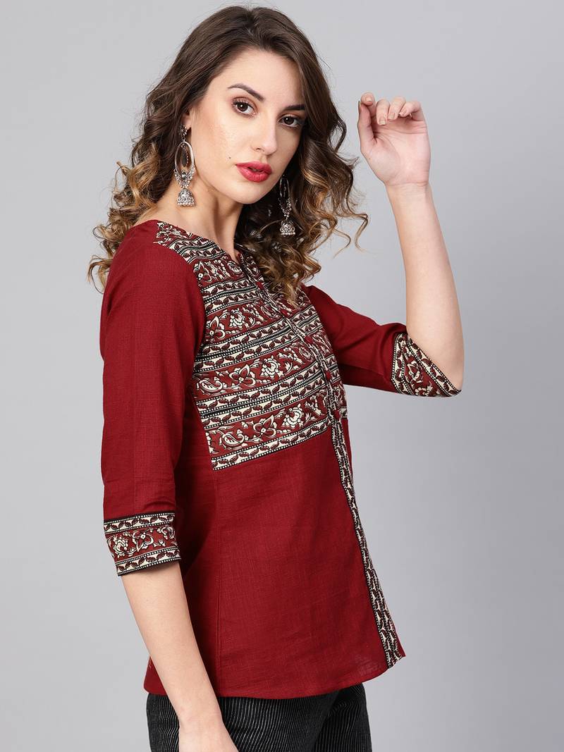 Women'S Maroon Cotton Slub Kalamkari Printed Regular Top