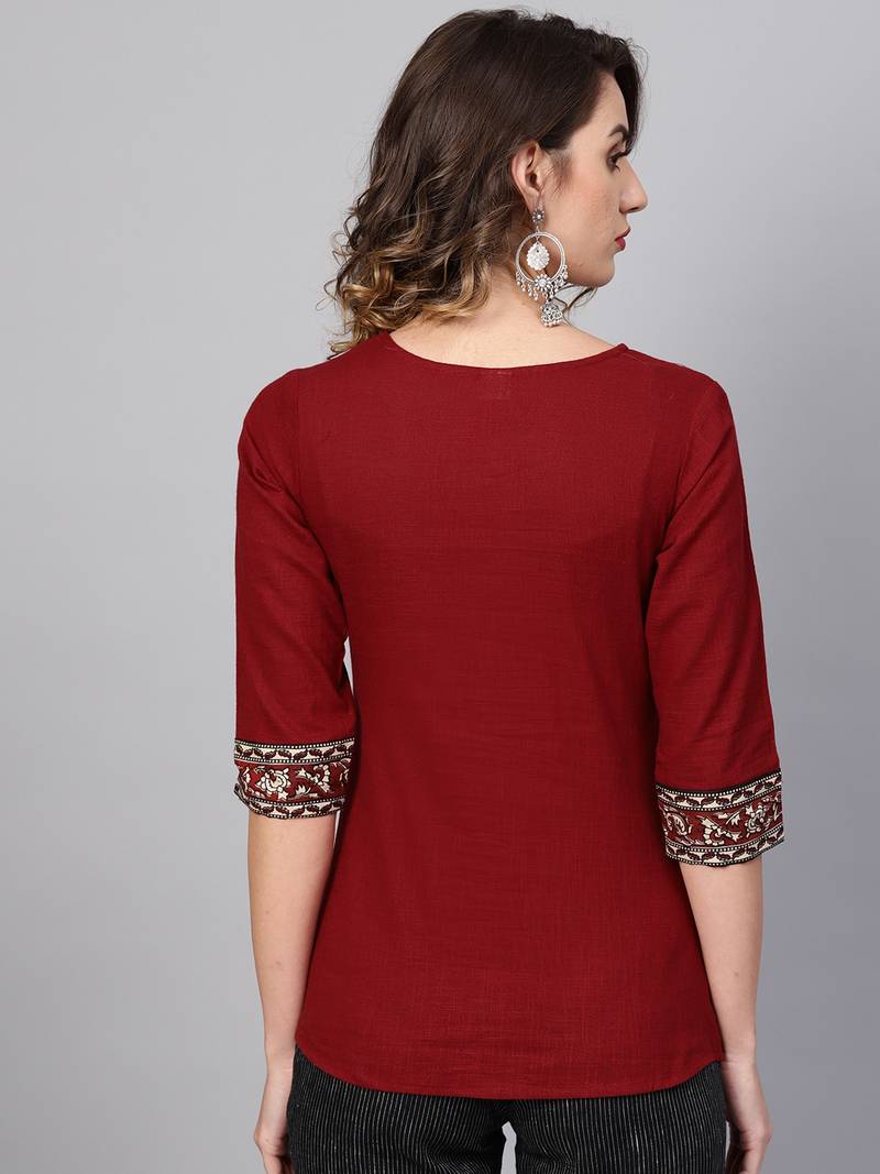 Women'S Maroon Cotton Slub Kalamkari Printed Regular Top