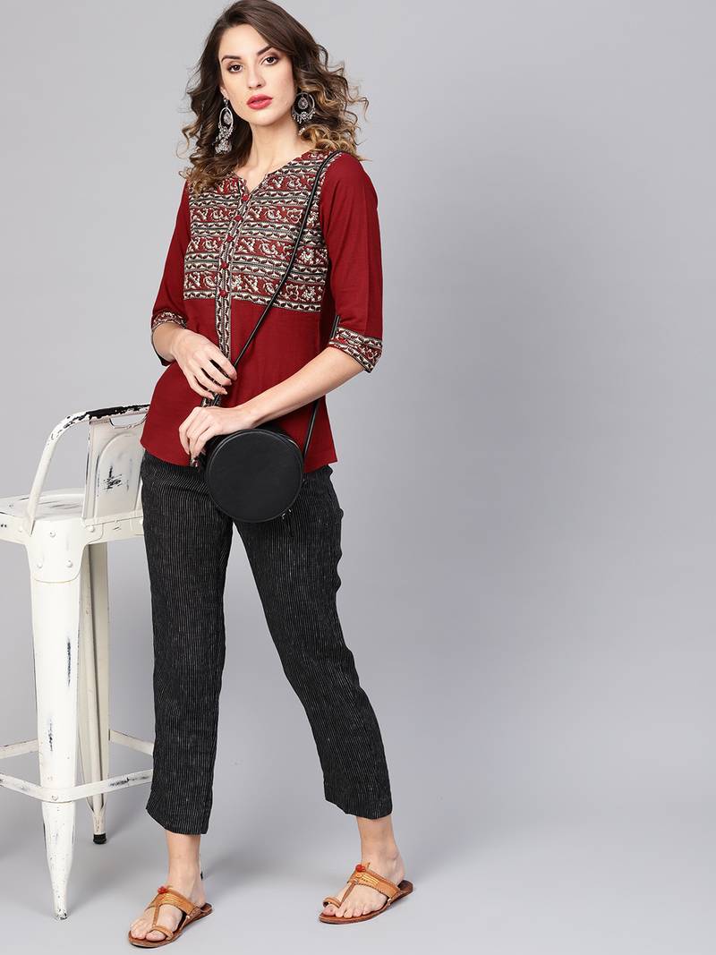 Women'S Maroon Cotton Slub Kalamkari Printed Regular Top