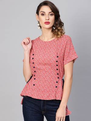 Women'S Red Rayon Geometric Printed Regular Top 1