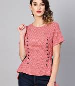 Women'S Red Rayon Geometric Printed Regular Top