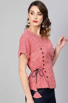Women'S Red Rayon Geometric Printed Regular Top