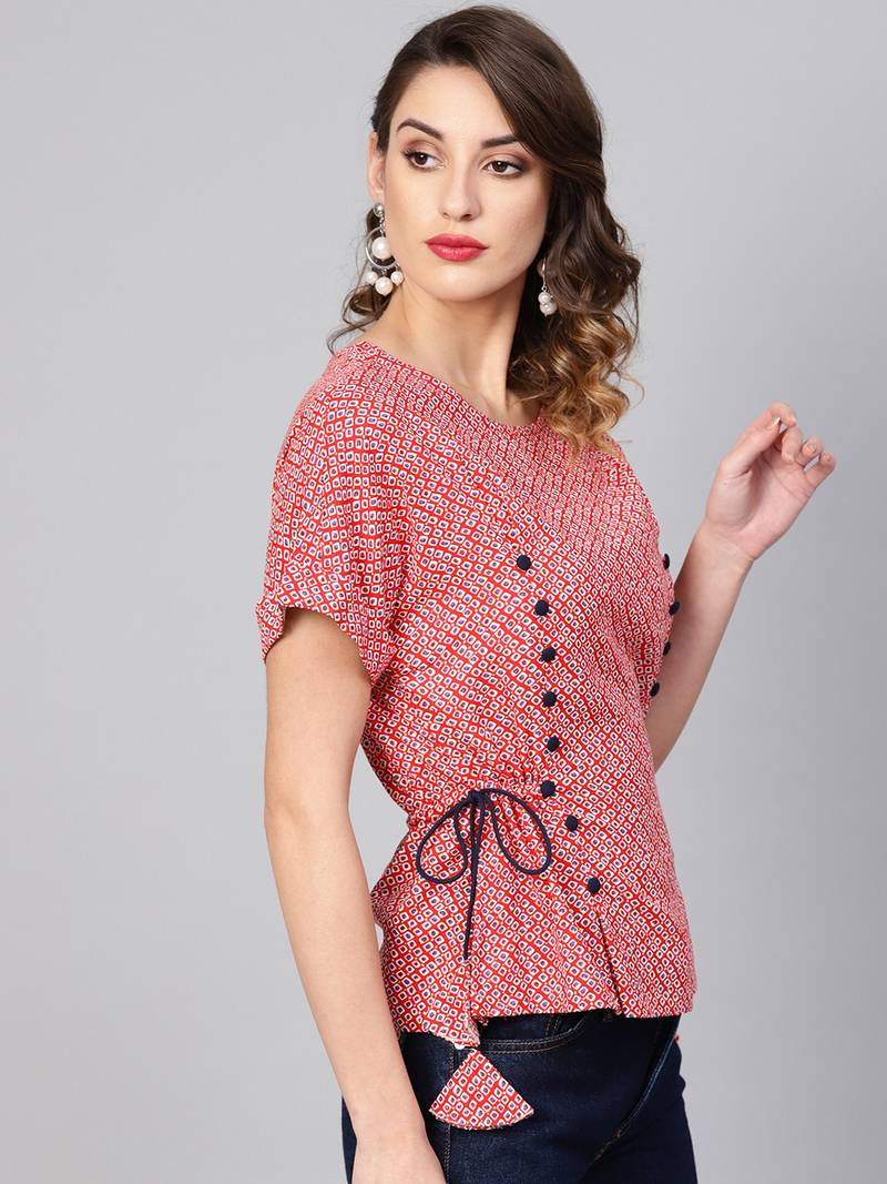 Women'S Red Rayon Geometric Printed Regular Top