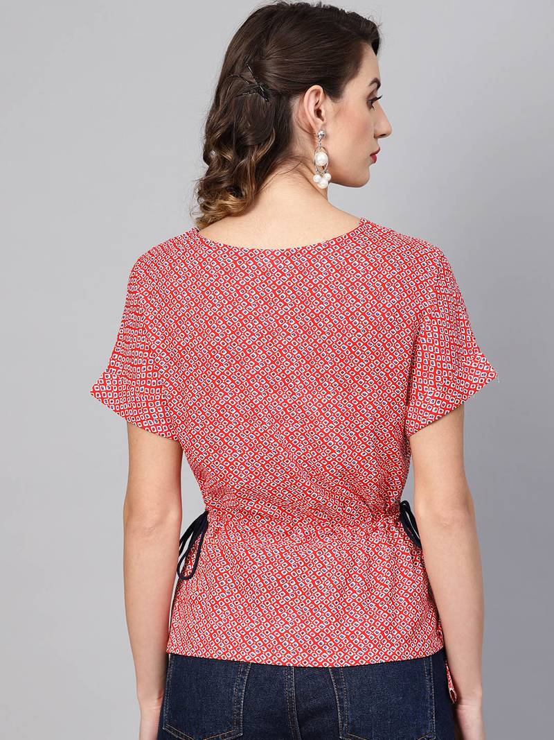 Women'S Red Rayon Geometric Printed Regular Top