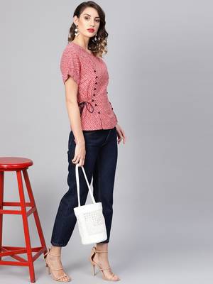 Women'S Red Rayon Geometric Printed Regular Top 4