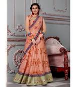 peach printed chiffon unstitched floral lehengas