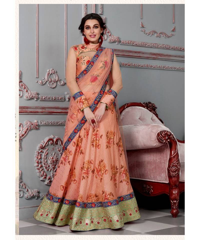 peach printed chiffon unstitched floral lehengas