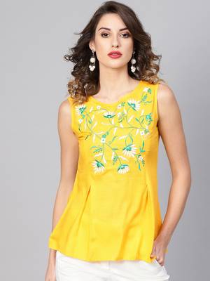 Women'S Yellow Rayon Slub Embroidered Regular Top 1