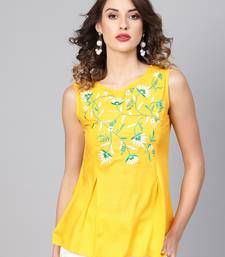 Women'S Yellow Rayon Slub Embroidered Regular Top