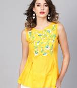 Women'S Yellow Rayon Slub Embroidered Regular Top