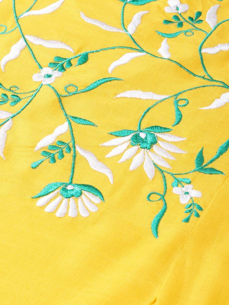 Women'S Yellow Rayon Slub Embroidered Regular Top