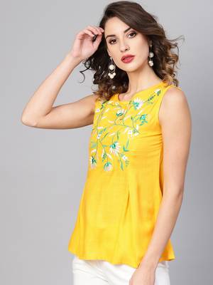 Women'S Yellow Rayon Slub Embroidered Regular Top 3