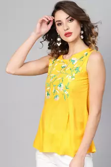 Women'S Yellow Rayon Slub Embroidered Regular Top