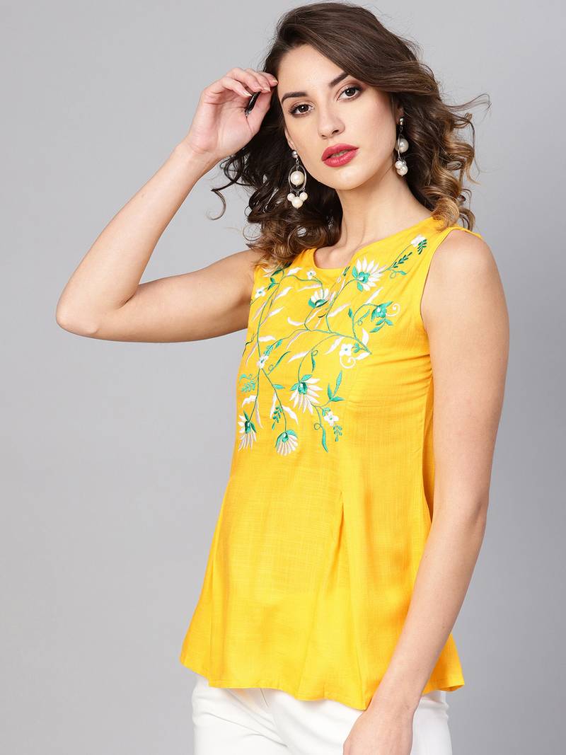 Women'S Yellow Rayon Slub Embroidered Regular Top