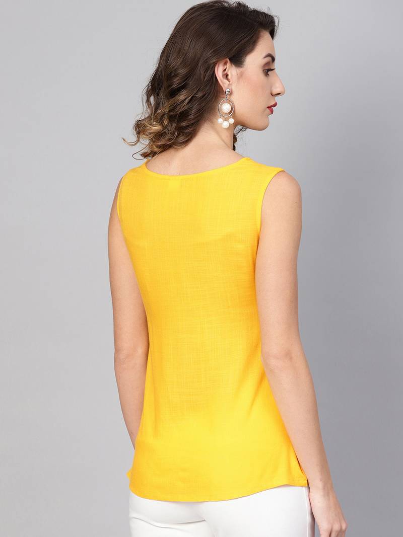 Women'S Yellow Rayon Slub Embroidered Regular Top