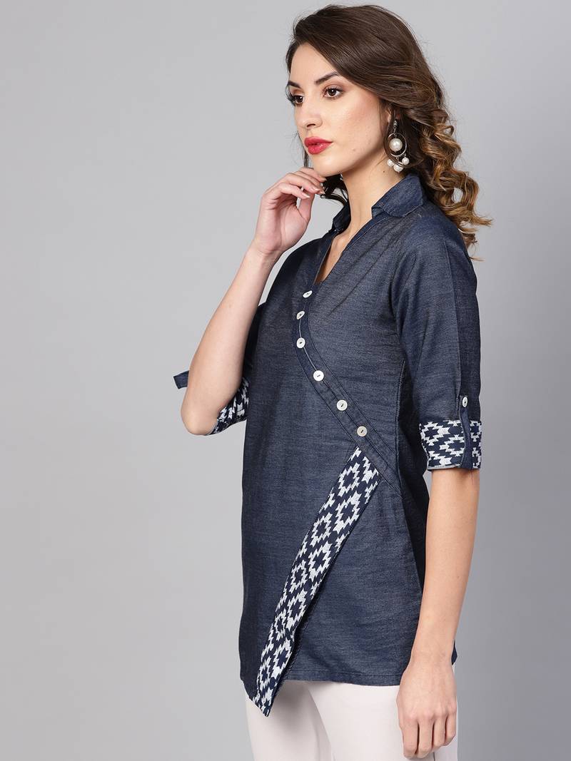 Women'S Blue Denim Printed Regular Top