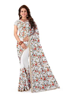 White Embroidered Georgette Saree With Blouse 1
