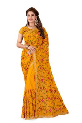 Mustard Embroidered Georgette Saree With Blouse 1
