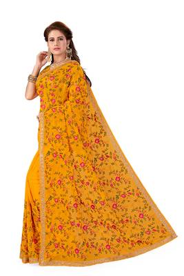 Mustard Embroidered Georgette Saree With Blouse 2